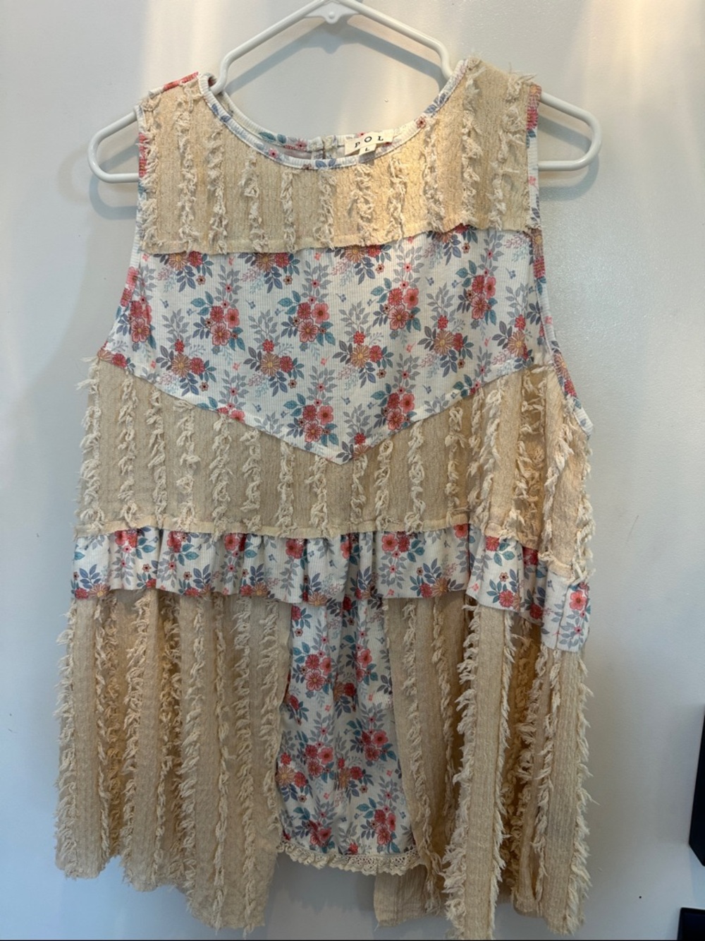 POL Cream Floral Fringe Sleeveless Top